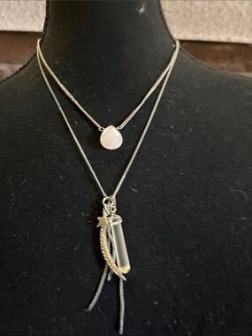 Vintage Silver Layered Necklace with Pink Teardrop and Clear Vial